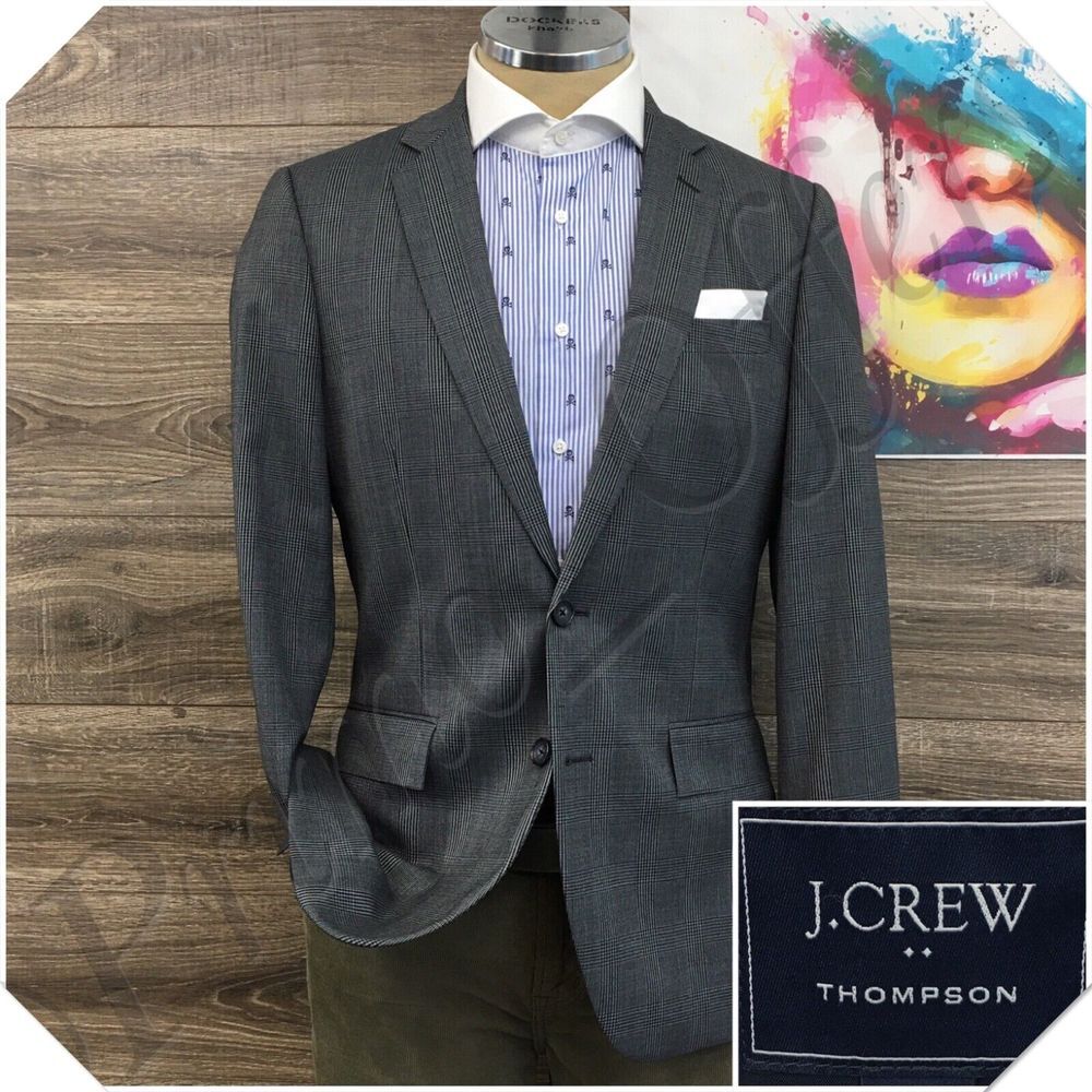 J CREW Mens Blazer Sport Coat Casual Jacket Size 38R 2 Button Wool Suit THOMPSON